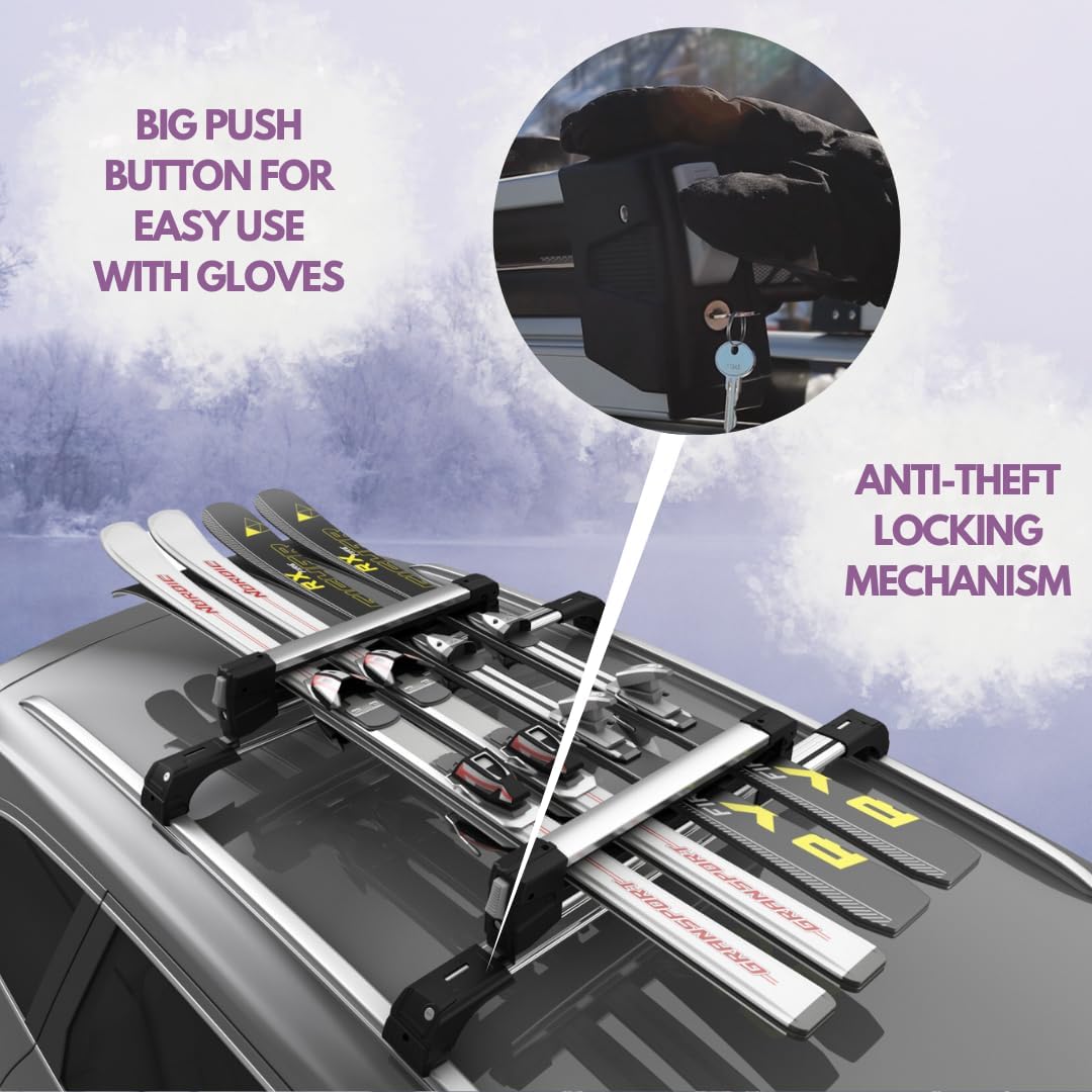 25" Universal Ski Rack for Car Roof Rack Crossbars 4 Pair Skis or 2 Snowboards