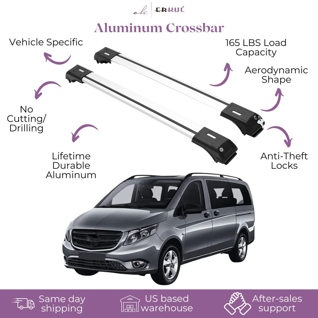 2 Piece Lockable Roof Rack Cross Bars -Fits Mercedes Metris 2016-23 -Silver