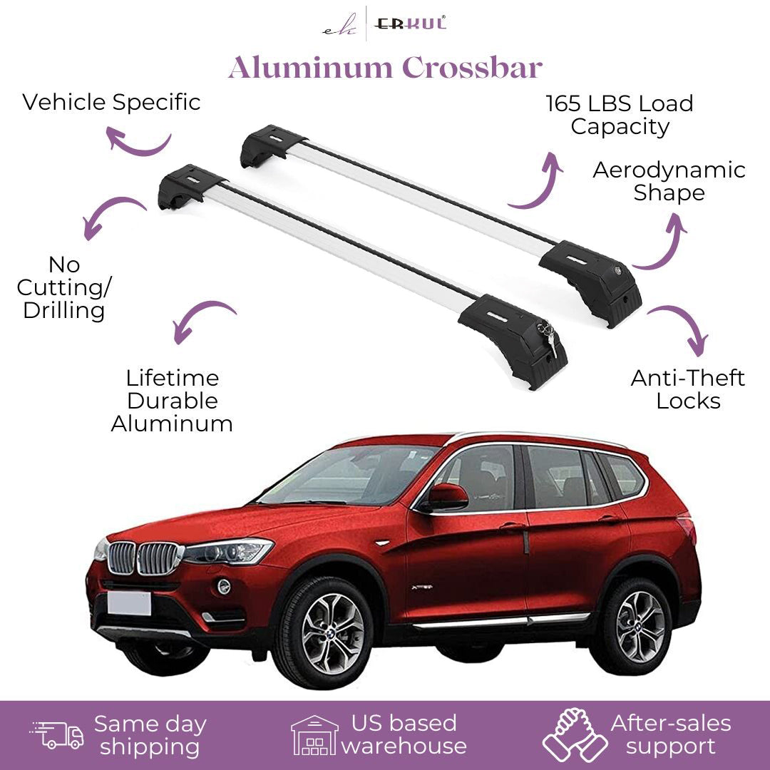 ERKUL Roof Rack Cross Bars Fits BMW X3 (F25) 2011-2017 Aluminum Lockable Silver