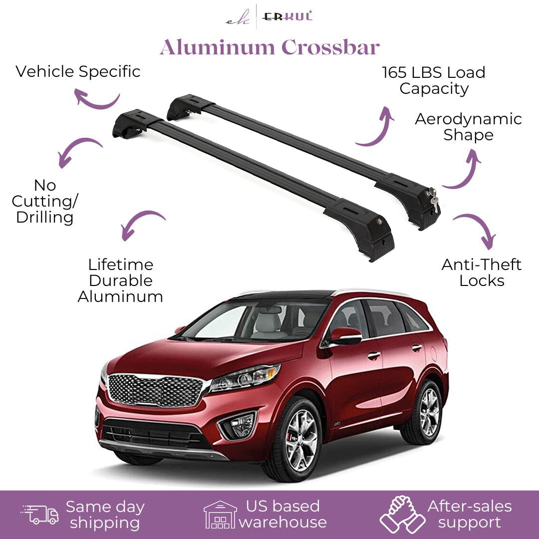 ERKUL Roof Rack Cross Bars Fits Kia Sorento 2016-2020 Fits Flush Rails Black
