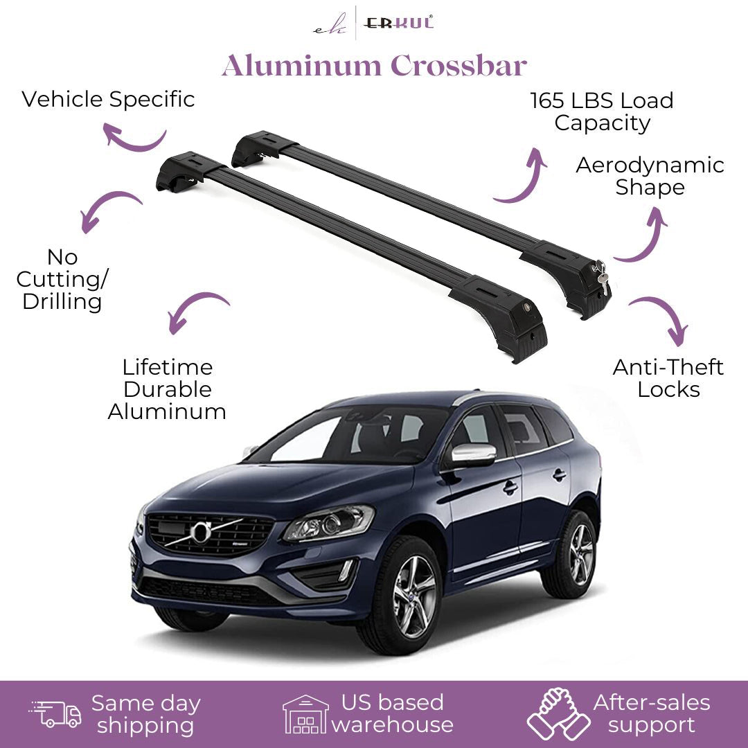 ERKUL Roof Rack Cross Bars Fits Volvo XC60 2009-2017 Aluminum Lockable Black