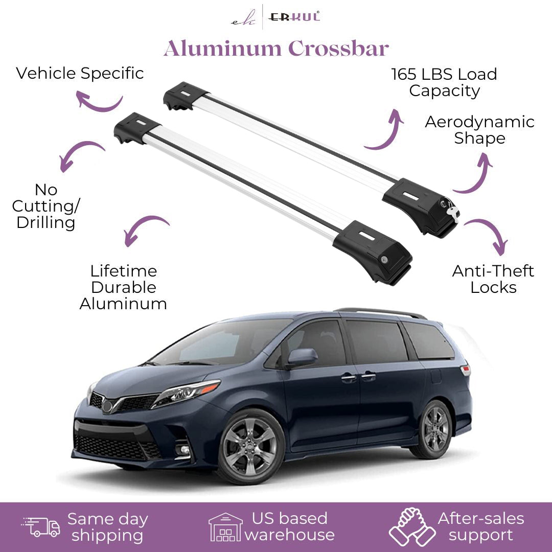 ERKUL Roof Rack Cross Bars Fits Toyota Sienna 2011-2020 Fits Raised Rails Silver