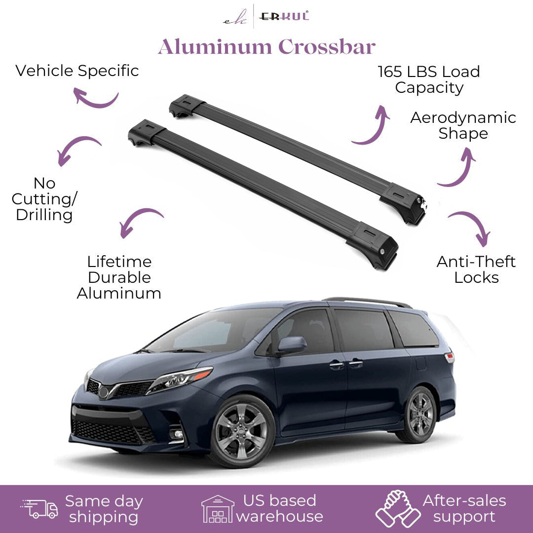 ERKUL Roof Rack Cross bars Fits Toyota Sienna 2011-2020 Fits Raised Rails Black