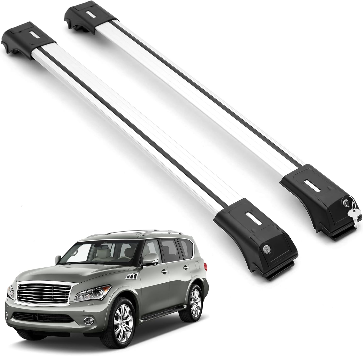 2 Piece Roof Rack Cross Bars -Fits Infiniti 2014-2022 QX80 2011-2013 QX56 Silver