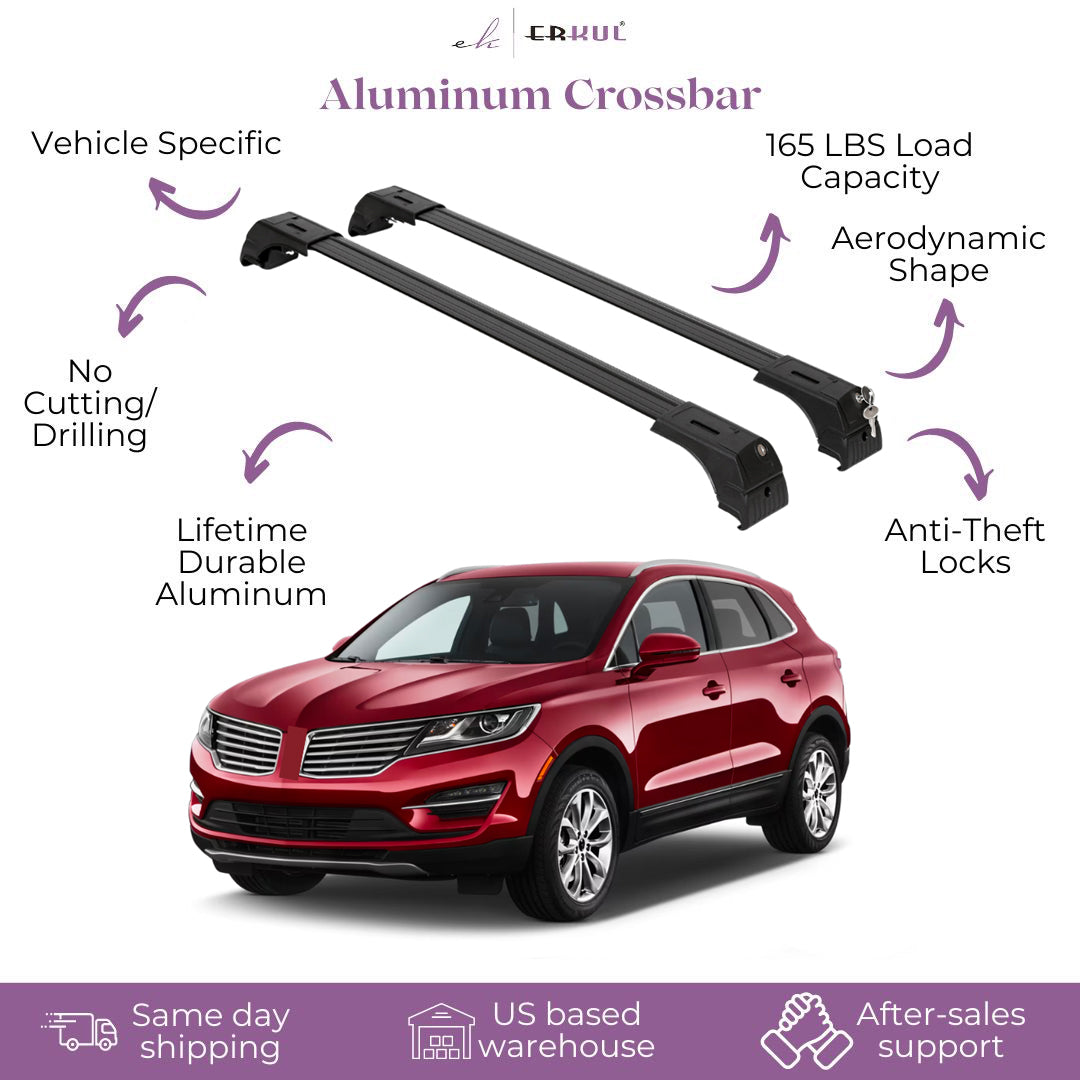 Erkul Roof Rack Cross Bars Fits Lincoln MKC 2015-2019 Fits Flush Rails Black