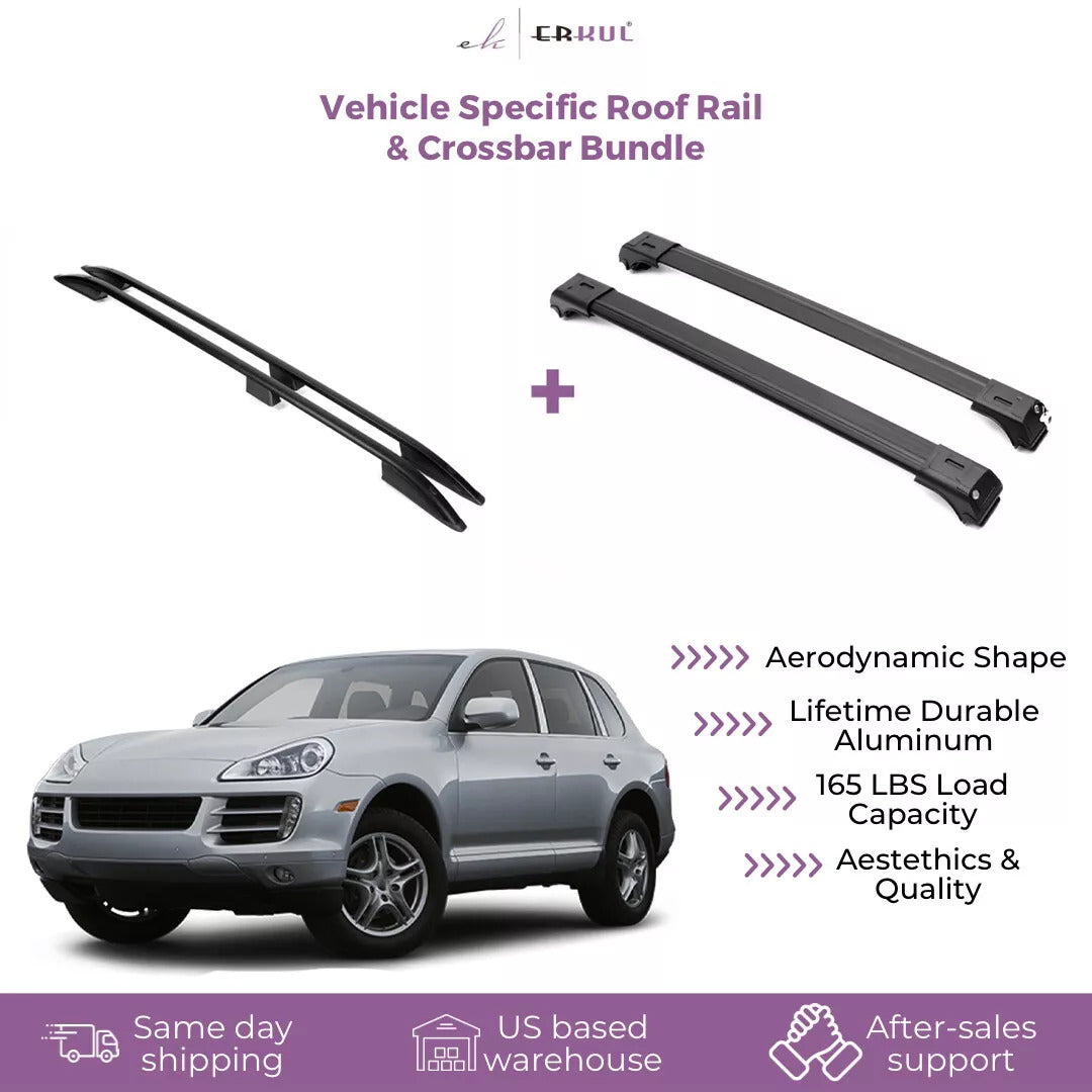 ERKUL Set of Roof Side Rails Rack & Cross Bars for Porsche Cayenne 2003-10 Black