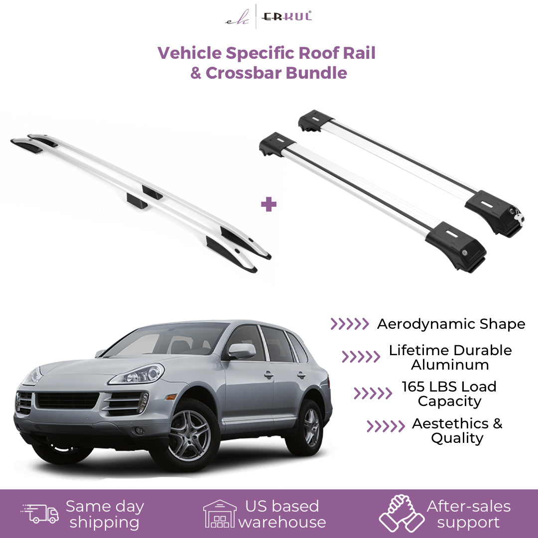 ERKUL Set of Roof Side Rails Rack & Cross Bar for Porsche Cayenne 2003-10 Silver