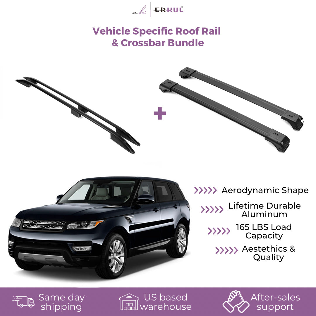 ERKUL Set of Roof Side Rails Rack & Cross Bars for Range Rover Sport 14-22 Black