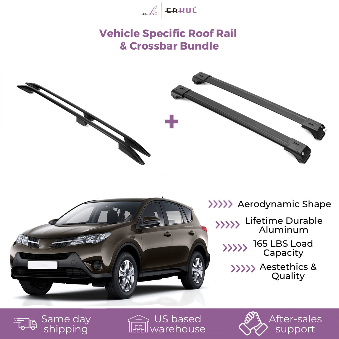 ERKUL Set of Roof Side Rails Rack & Cross Bars for Toyota RAV4 2013-2018 Black