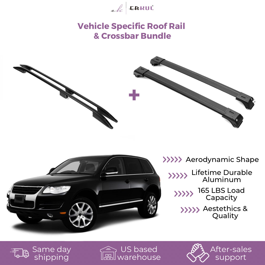 ERKUL Set of Roof Side Rails Rack&Cross Bars for Volkswagen Touareg 04-10 Black