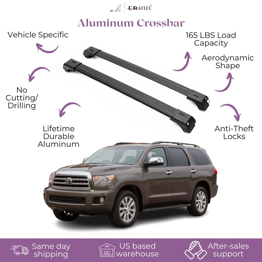 2 Piece Lockable Roof Rack -Cross Bars -Fits Toyota Sequoia 2008-2022 -Black
