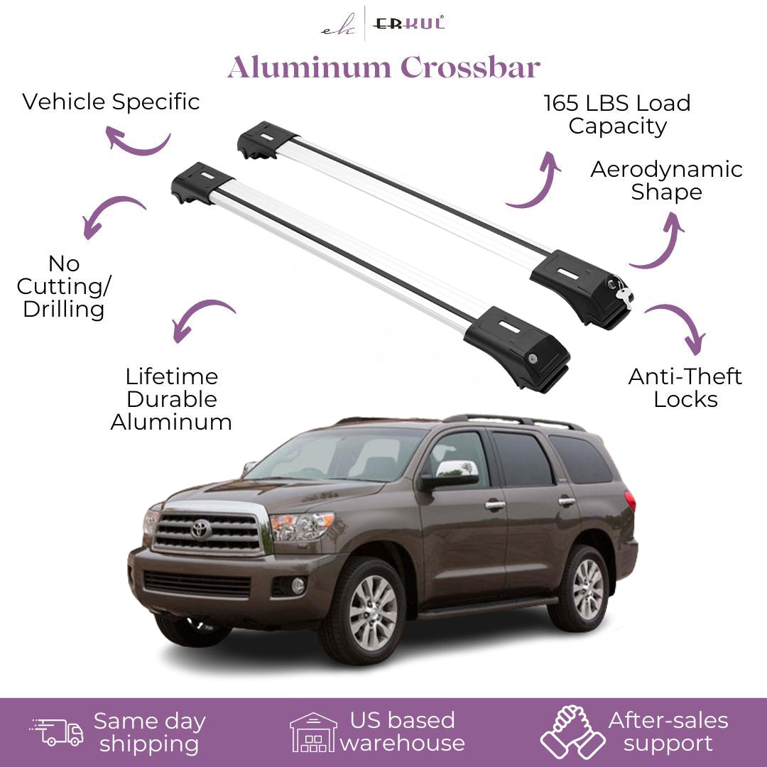 ERKUL Roof Rack Crossbars Fits Toyota Sequoia 2008-2022 Fits Raised Rails Silver