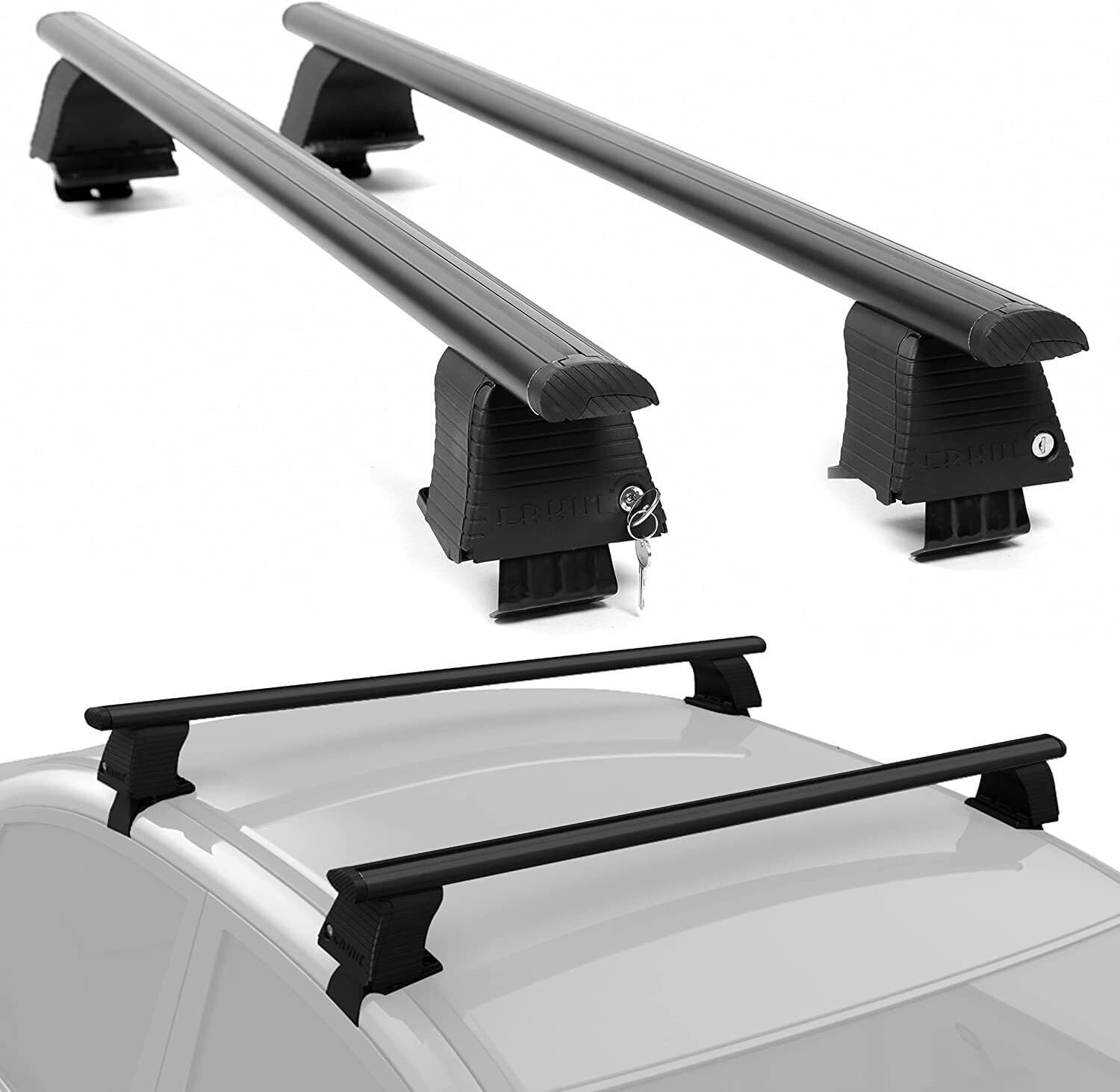 Barres De Toit MENABO Dozer XXL 150 Cm X 5 Cm - Charge Maximale 90 Kg - Pour Véhicules Avec Rails Intégrés Ouverts Et T-Track - Noir