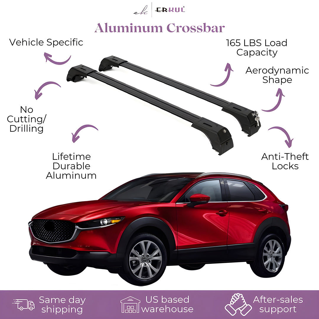 ERKUL Roof Rack Cross Bars Fits Mazda CX-30 2020-2025 Aluminum Lockable Black