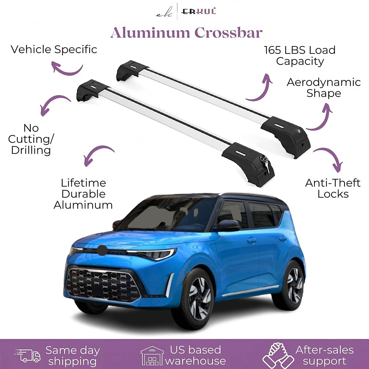 ERKUL Roof Rack Cross Bars Fits Kia Soul X-Line 2020-2025 Aluminum Lockable Silver