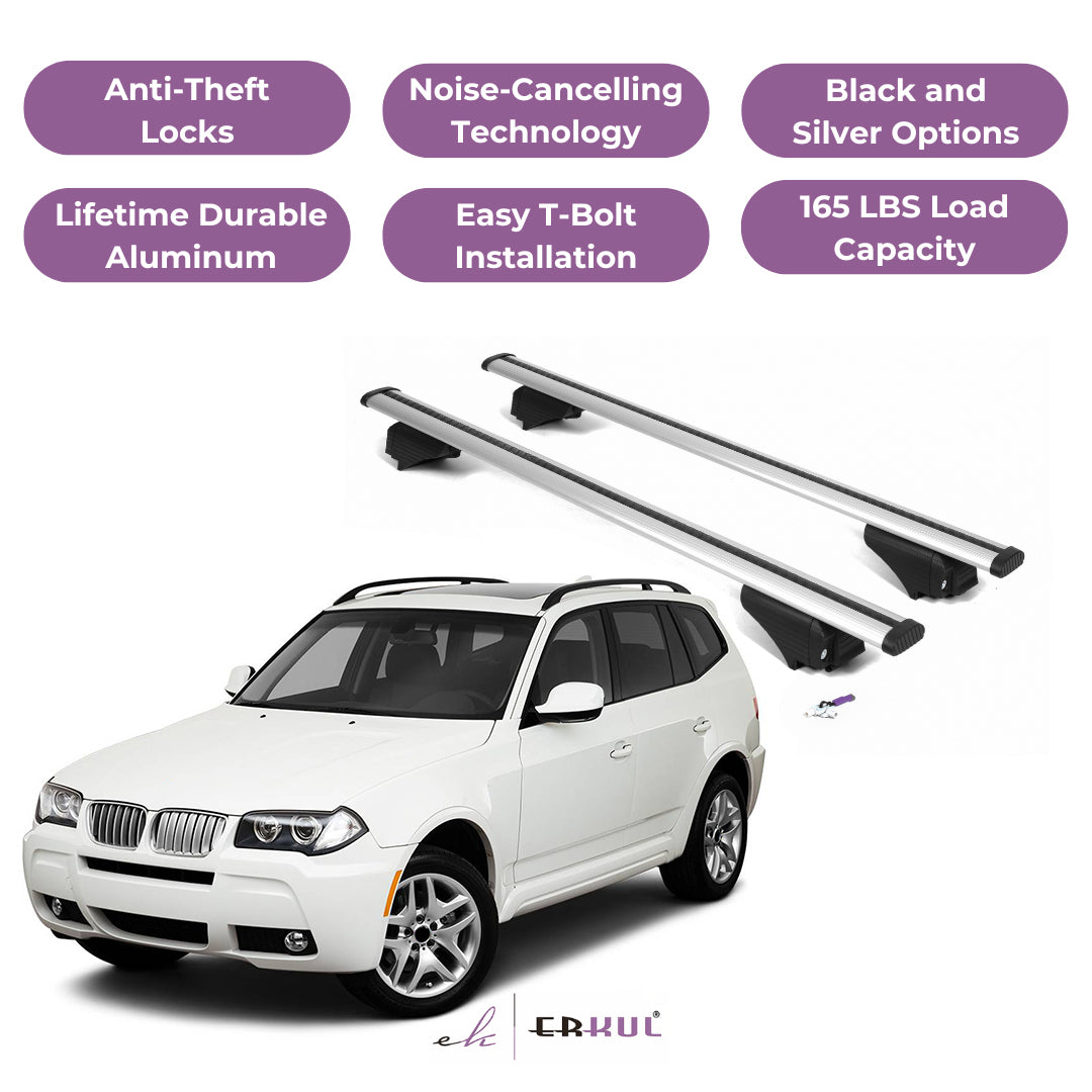 ERKUL Roof Rack Cross Bars for BMW X3 (E83) 2004-2010 for Raised Rails - Silver