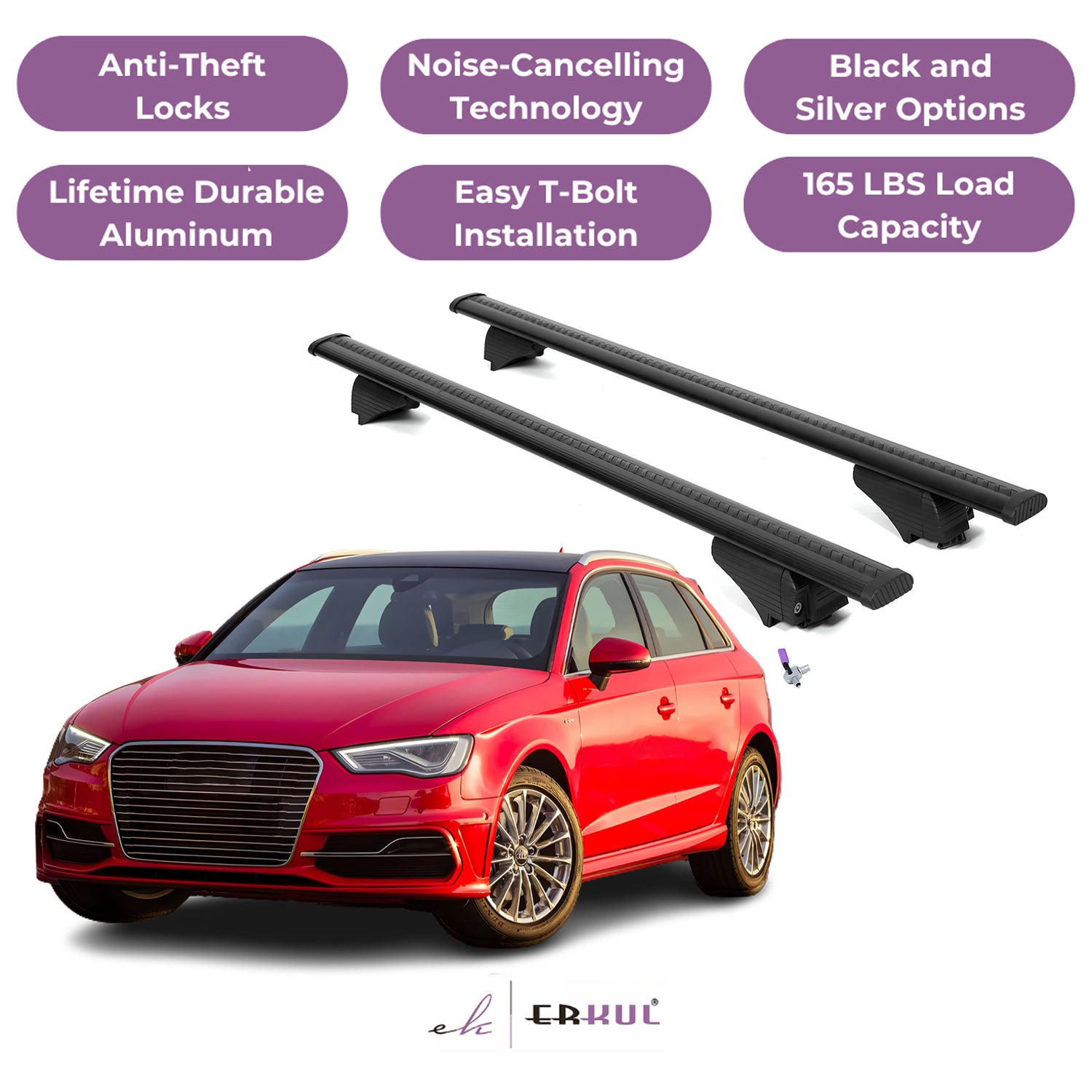 ERKUL Roof Rack Cross Bars for Audi A3 Sportback e-tron 2016-2018 - Black
