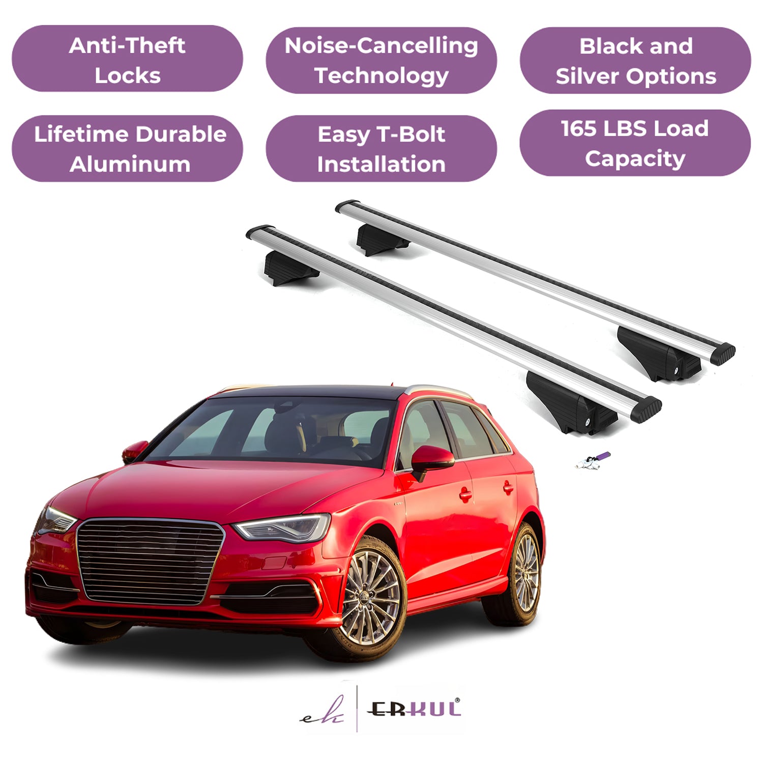 Roof Rack Cross Bars with Extended Bar Design for Audi A3 Sportback e-tron 2016-2018 - Silver
