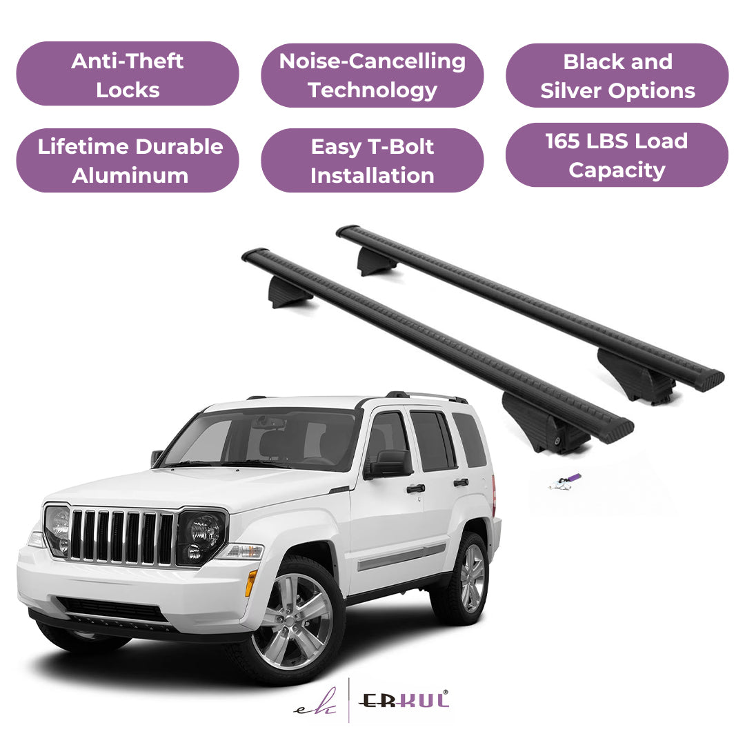 ERKUL Roof Rack Cross Bars for Jeep Liberty 2008-2012 for Raised Rails - Black
