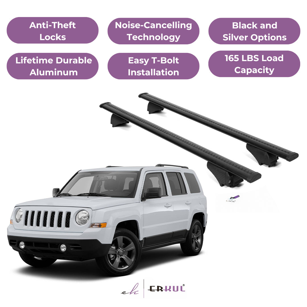 ERKUL Roof Rack Cross Bars for Jeep Patriot 2007-2017 for Raised Rails - Black