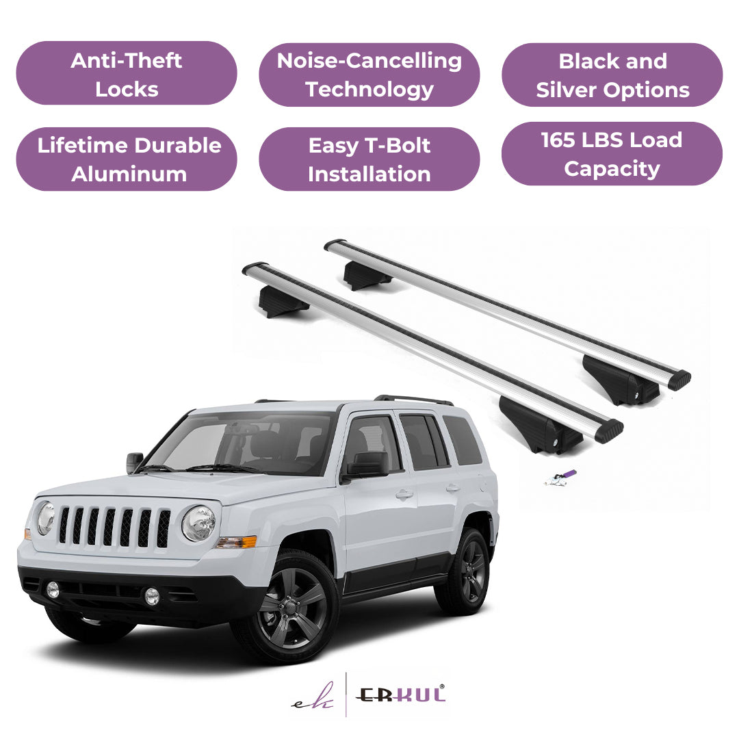 ERKUL Roof Rack Cross Bars for Jeep Patriot 2007-2017 for Raised Rails - Silver