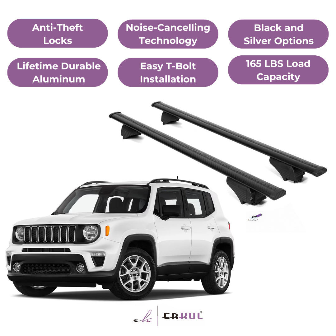ERKUL Roof Rack Cross Bars for Jeep Renegade 2015-2023 for Raised Rails - Black