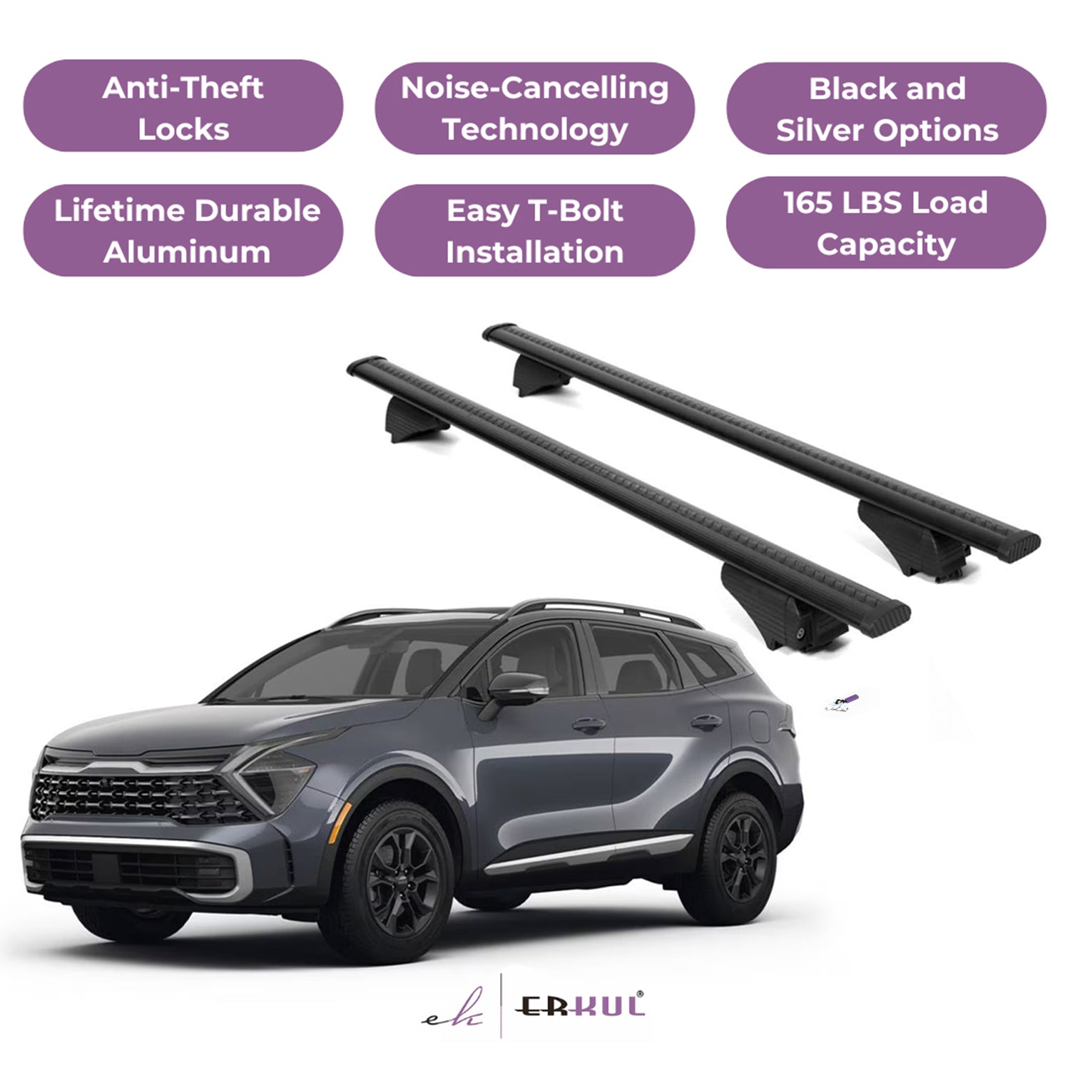 ERKUL Roof Rack Cross Bars for KIA Sportage 2023-2026 for Raised Rails - Black