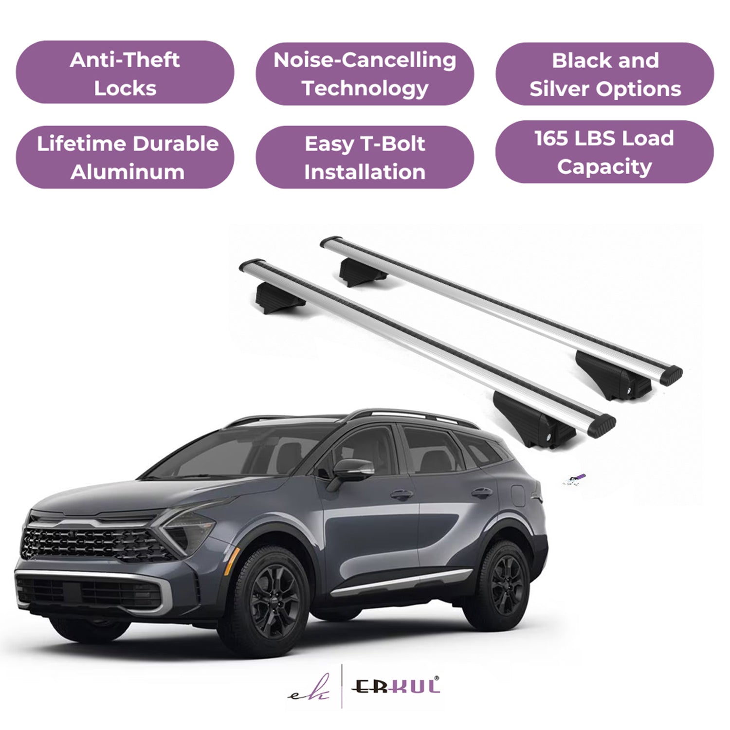 ERKUL Roof Rack Cross Bars for KIA Sportage 2023-2026 for Raised Rails - Silver