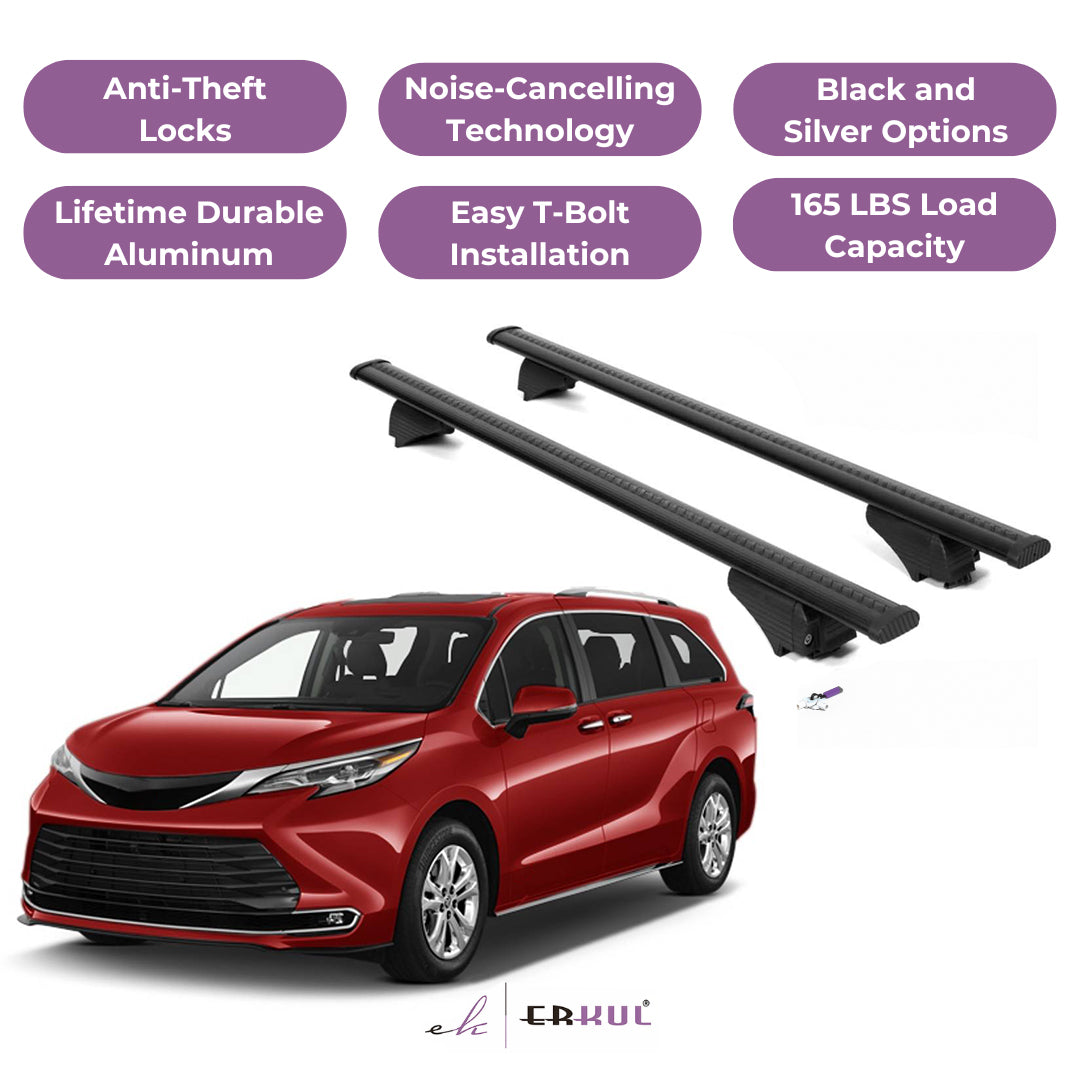 ERKUL Roof Rack Cross Bars for Toyota Sienna 2021-2026 for Raised Rails - Black