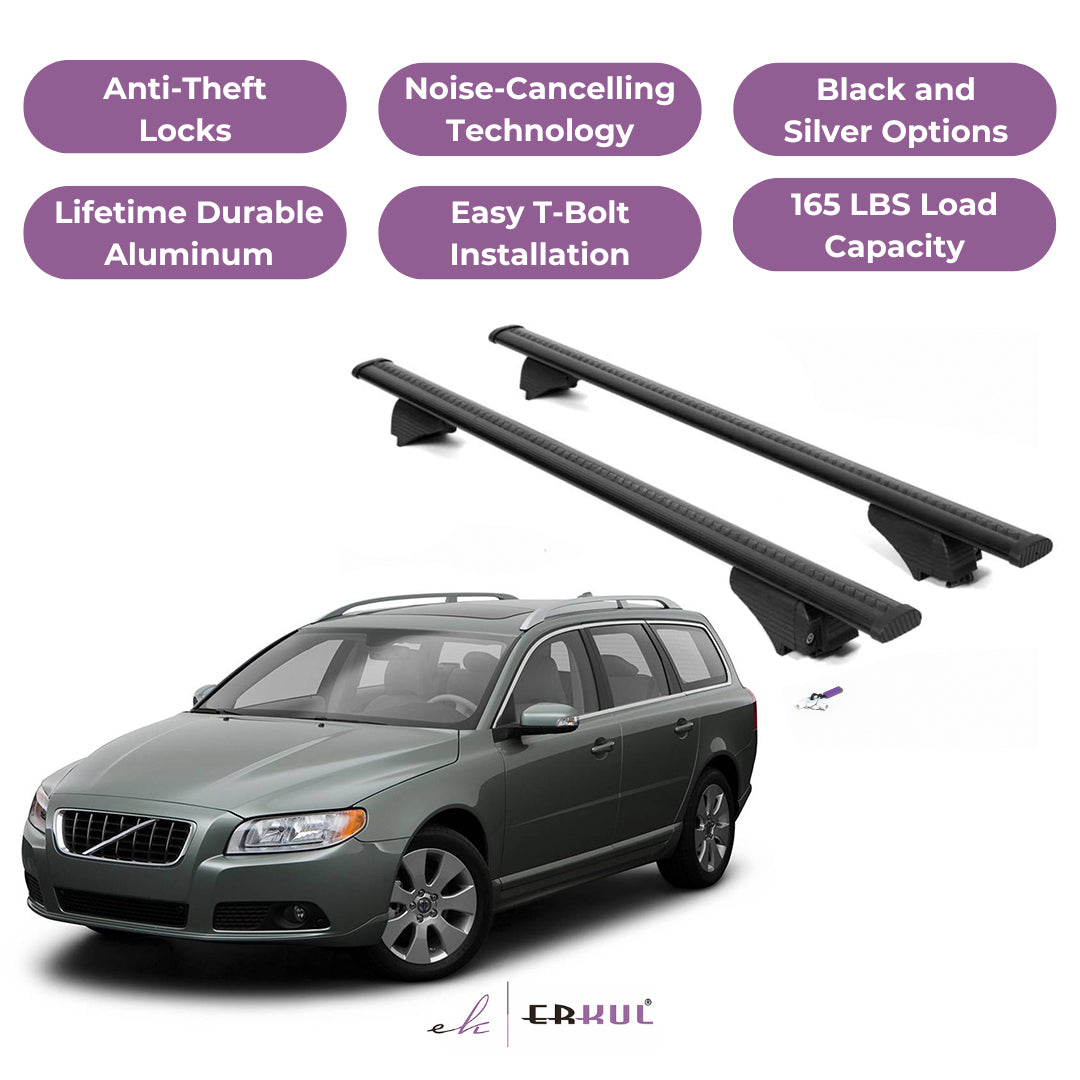 ERKUL Roof Rack Cross Bars for Volvo V70 2008-2010 for Raised Rails - Black