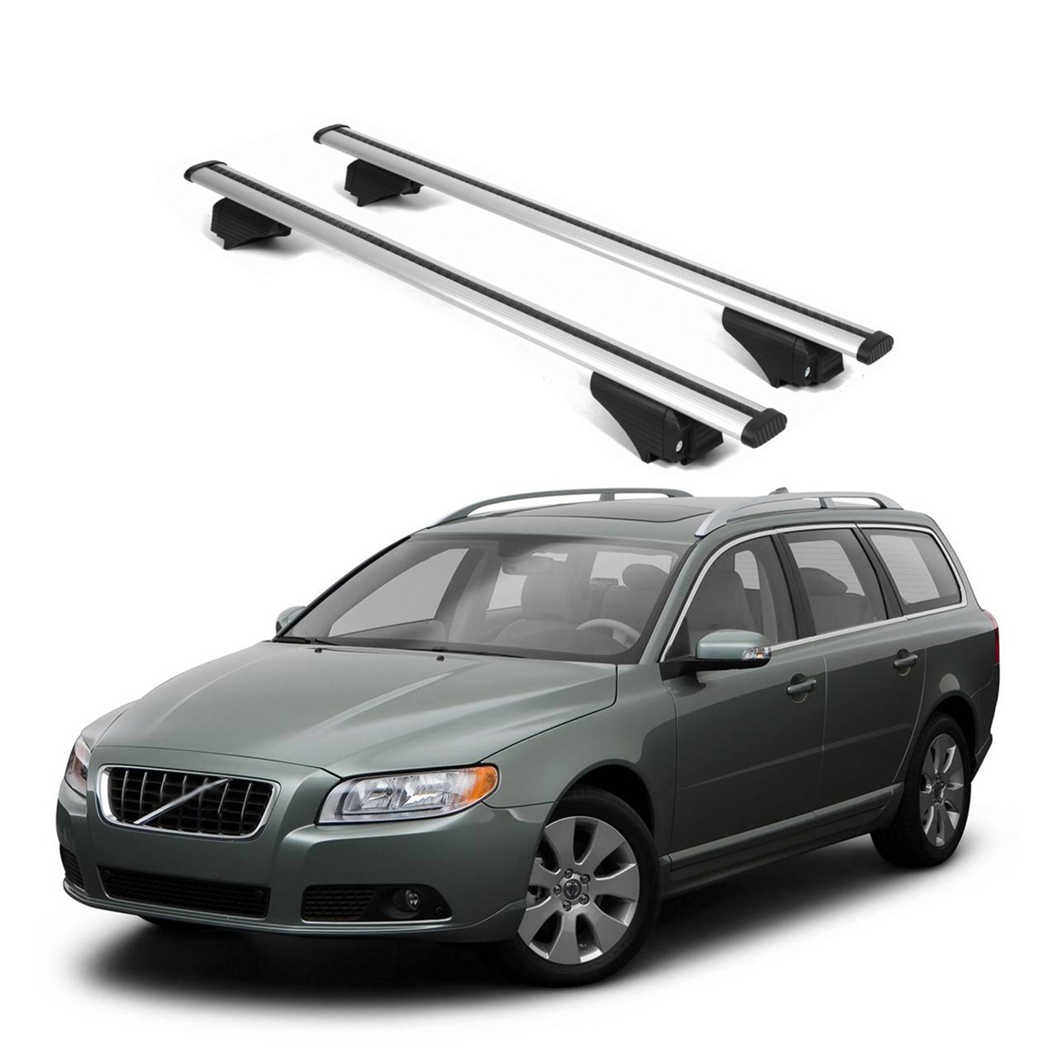 ERKUL Roof Rack Cross Bars for Volvo V70 2008-2010 for Raised Rails - Silver