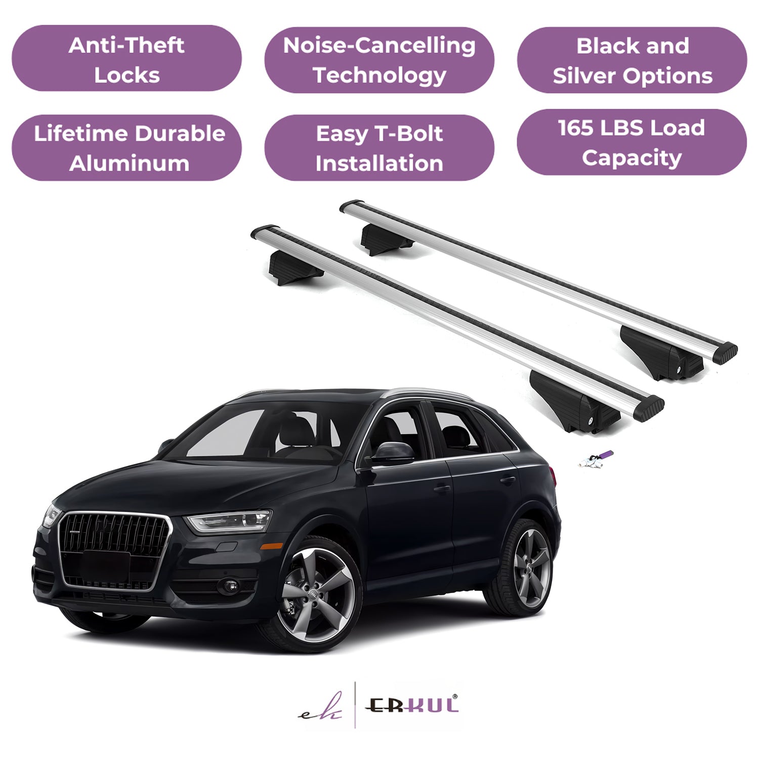 ERKUL Roof Rack Cross Bars for Audi Q3 2015-2018 with Flush Rails - Silver