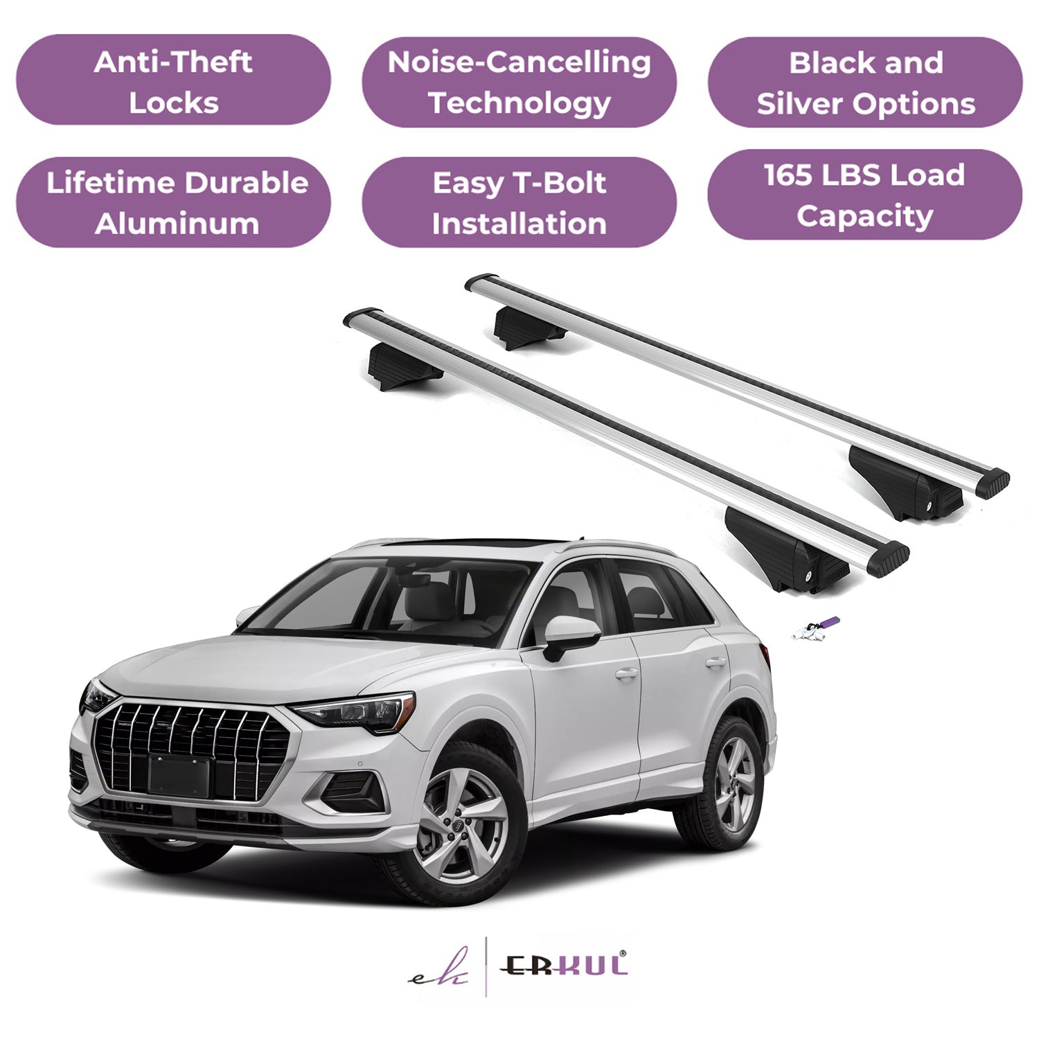 Roof Rack Cross Bars with Extended Bar Design for Audi Q3 2019-2025 - Silver