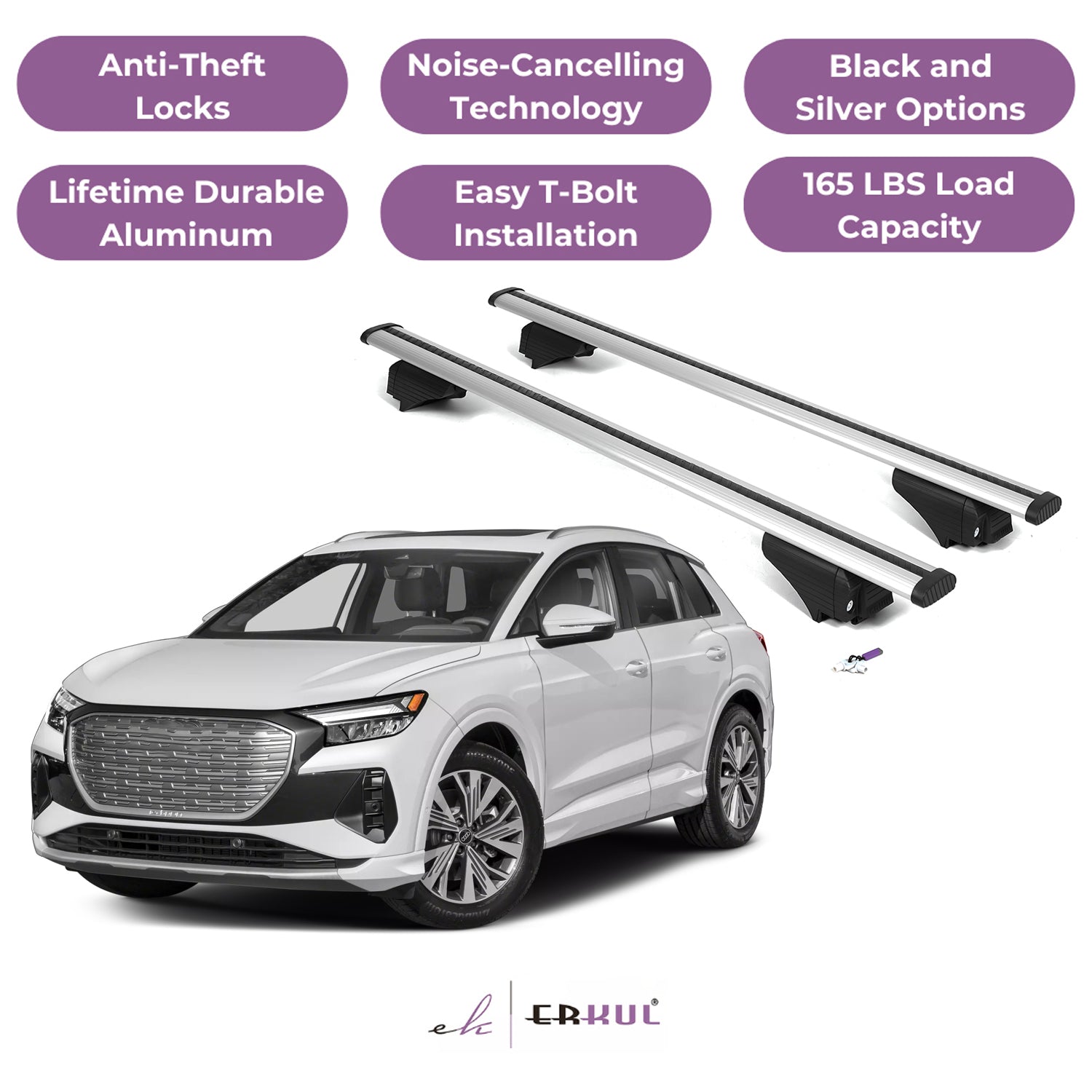 ERKUL Roof Rack Cross Bars for Audi Q4 e-tron 2022-2026 - Flush Rails - Silver