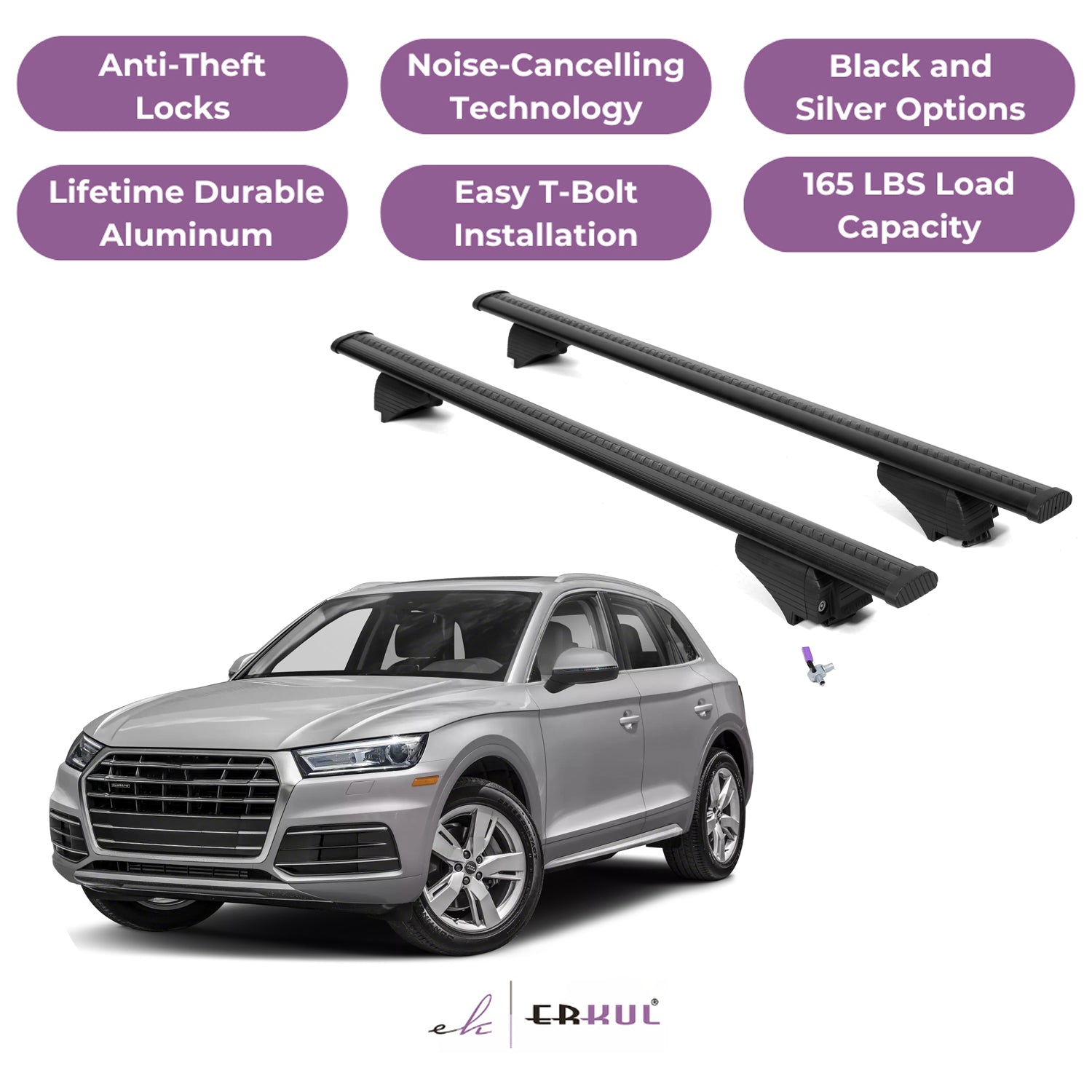ERKUL Roof Rack Cross Bars for Audi Q5 / SQ5 2018-2025 with Flush Rails - Black