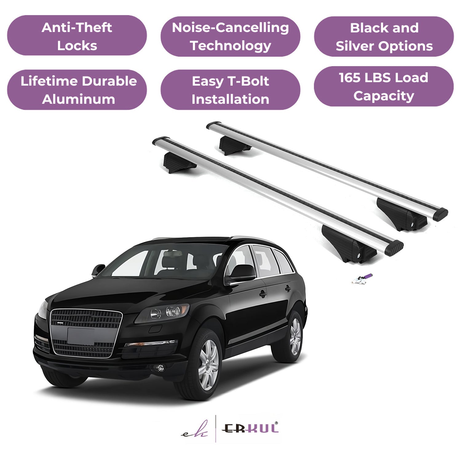 ERKUL Roof Rack Cross Bars for Audi Q7 2007-2015 with Flush Rails - Silver