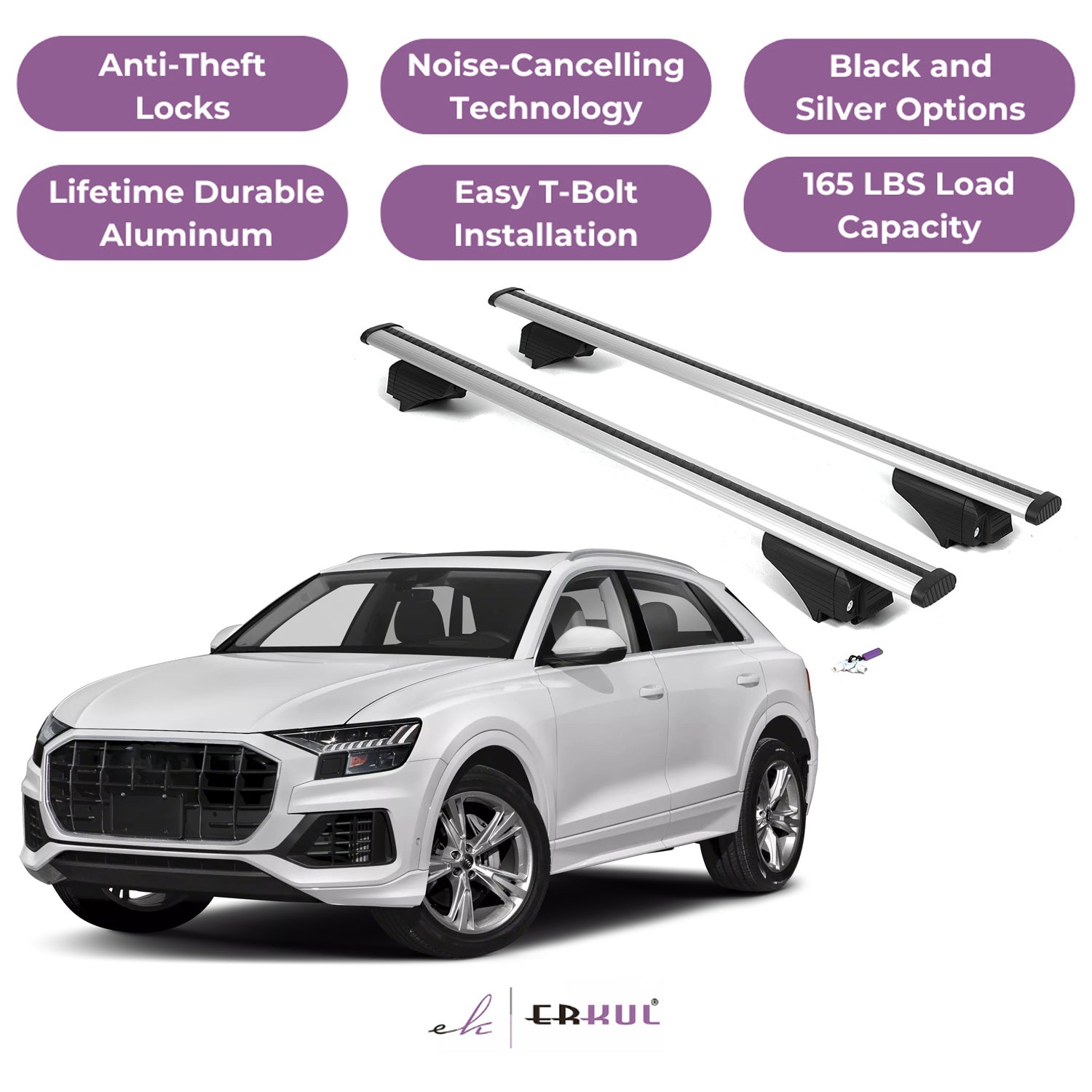 ERKUL Roof Rack Cross Bars for Audi Q8 2019-2025 with Flush Rails - Silver