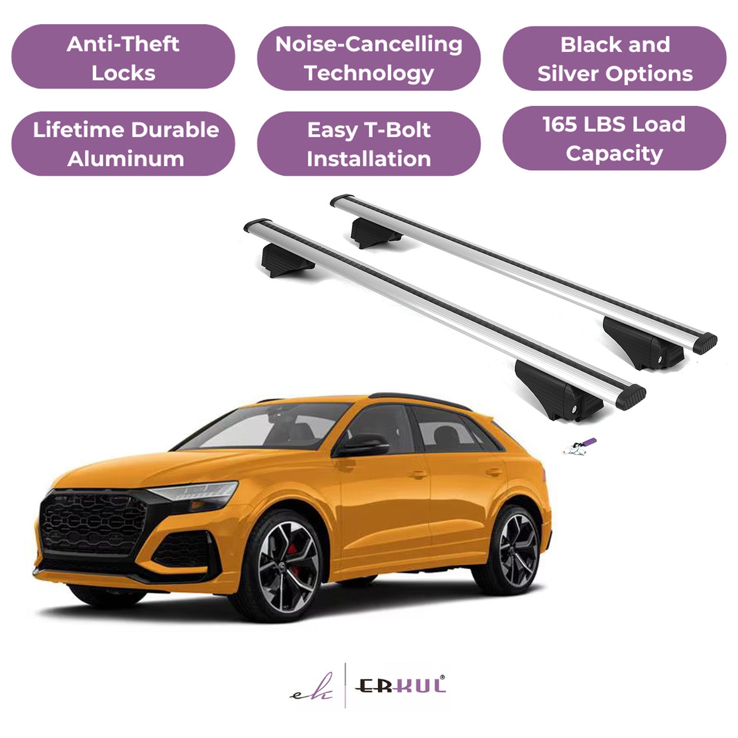 ERKUL Roof Rack Cross Bars for Audi RS Q8 2020-2025 with Flush Rails - Silver