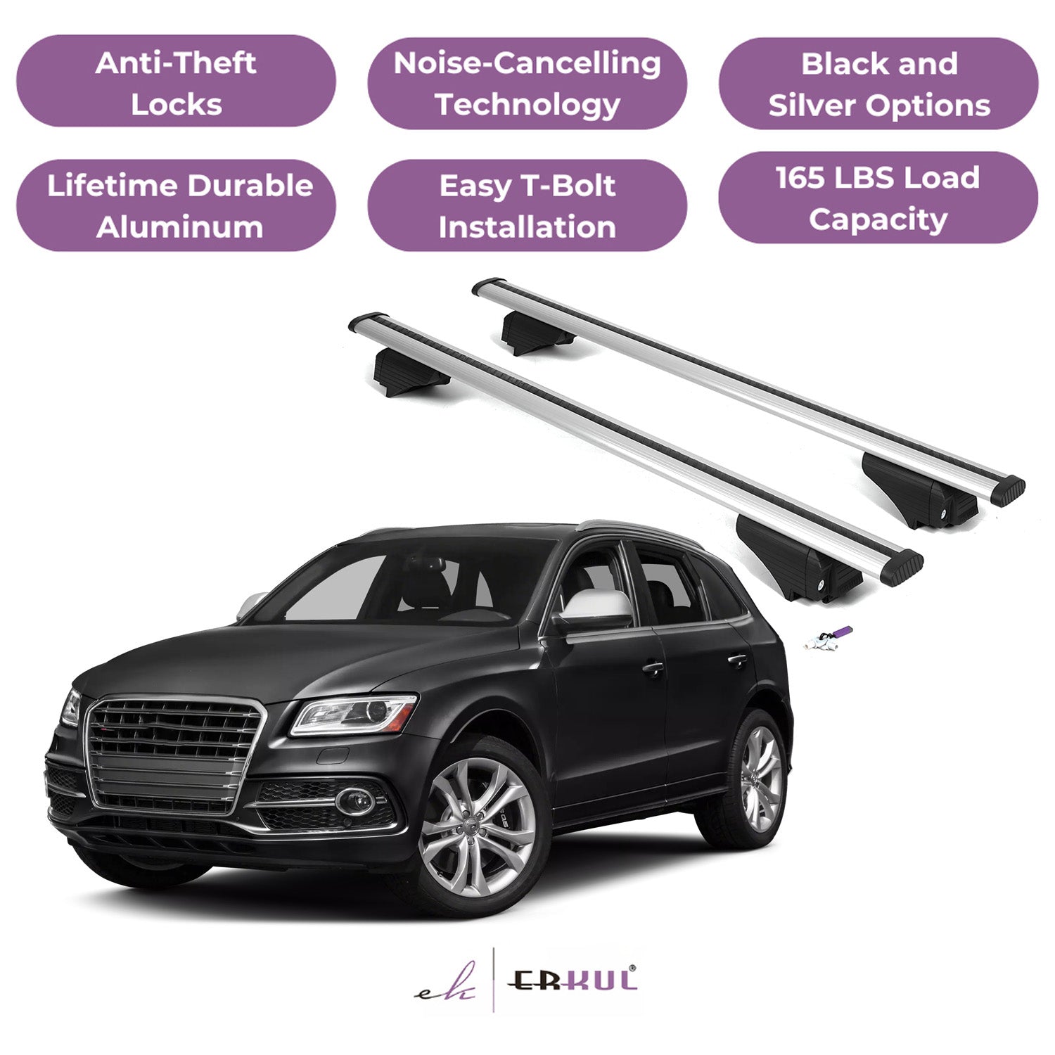 ERKUL Roof Rack Cross Bars for Audi SQ5 2014-2017 with Flush Rails - Silver