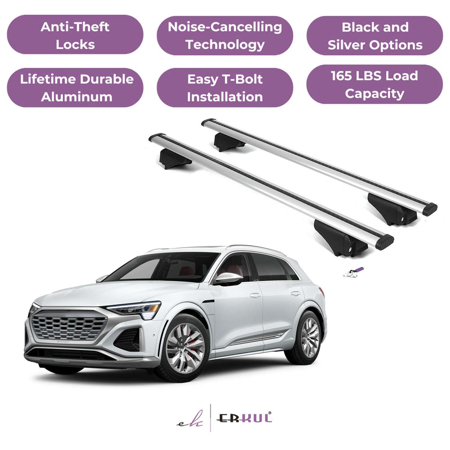 ERKUL Roof Rack Cross Bars for Audi SQ8 e-tron 2024-2026 - Flush Rails - Silver