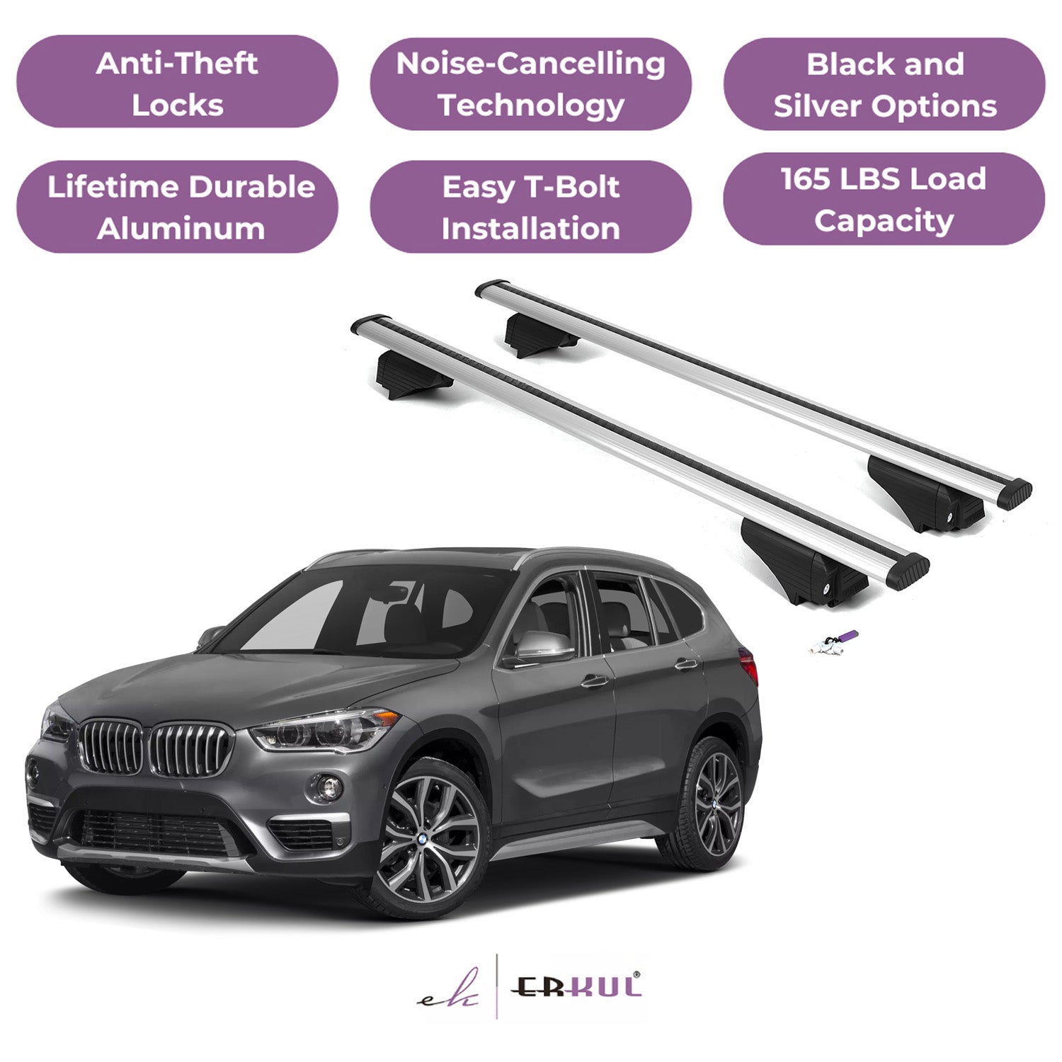 ERKUL Roof Rack Cross Bars for BMW X1 F48 2016-2022 with Flush Rails - Silver