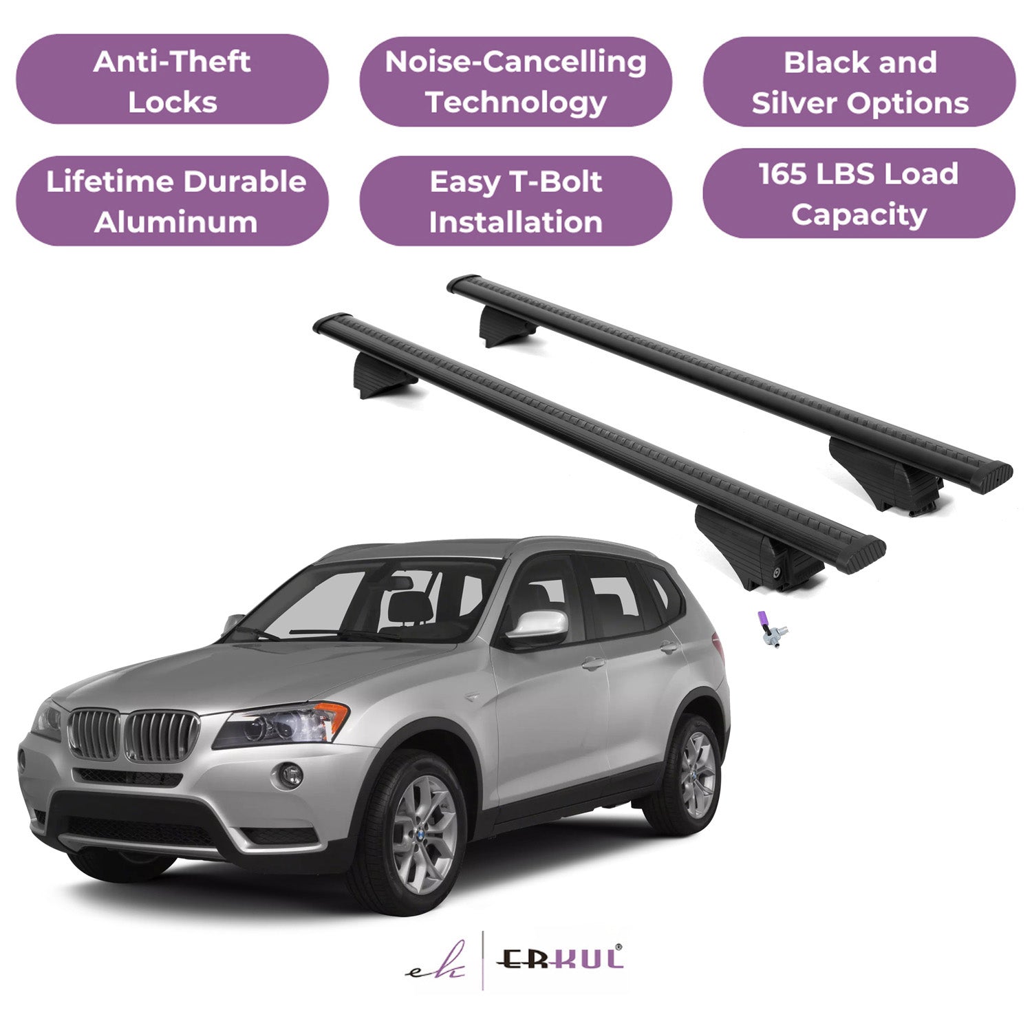 ERKUL Roof Rack Cross Bars for BMW X3 F25 2011-2017 with Flush Rails - Black