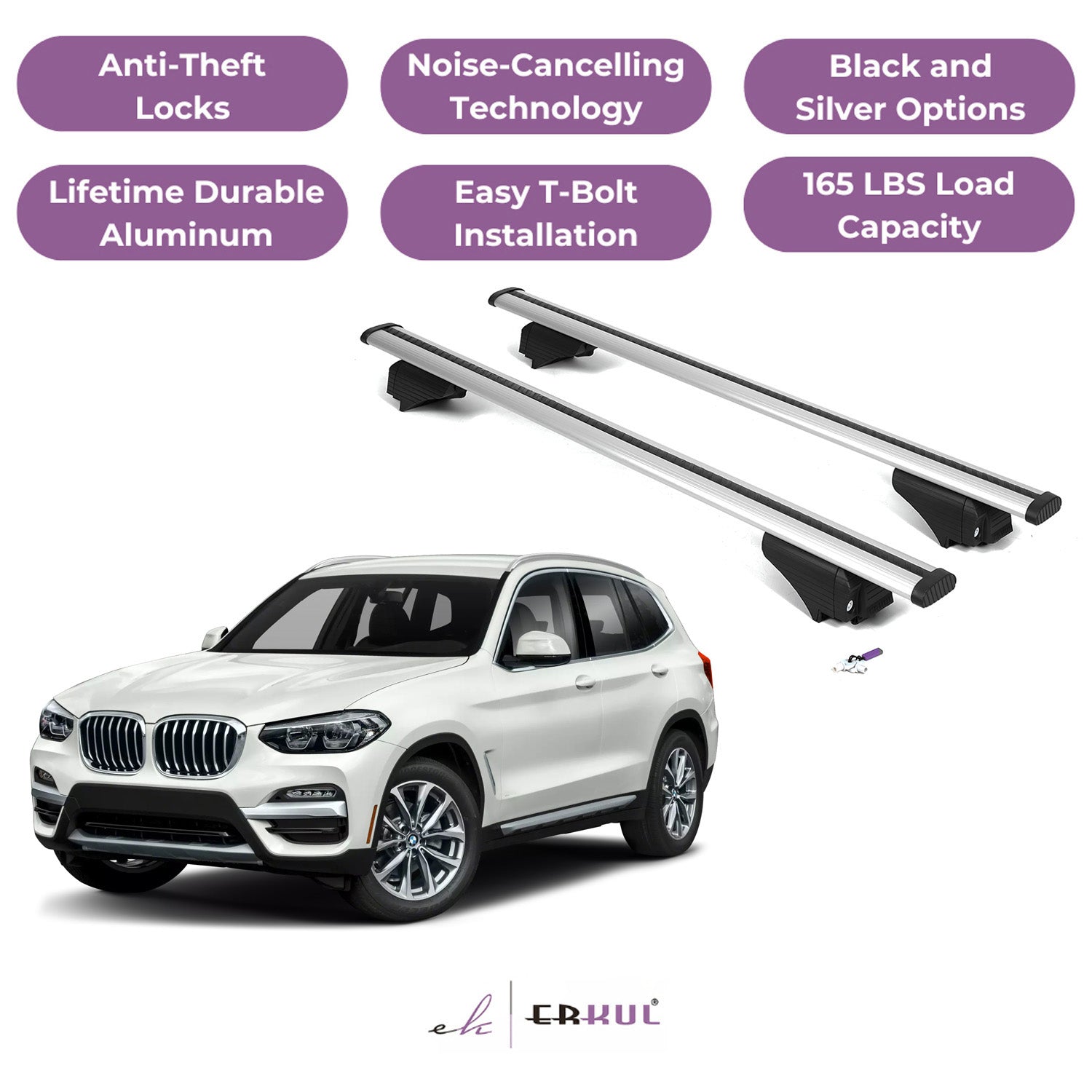 ERKUL Roof Rack Cross Bars for BMW X3 G01 2018-2024 with Flush Rails - Silver