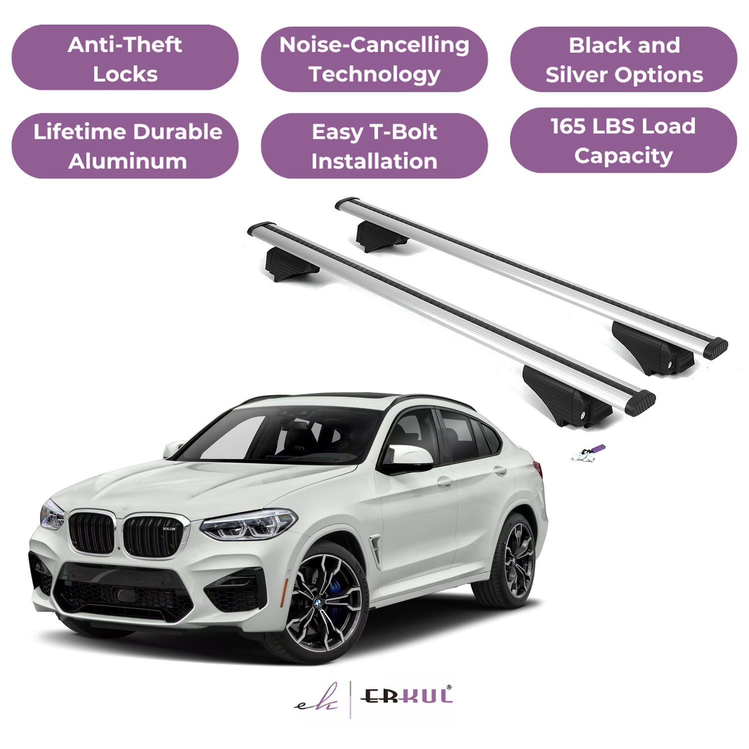 ERKUL Roof Rack Cross Bars for BMW X4M F98 2020-2025 with Flush Rails - Silver