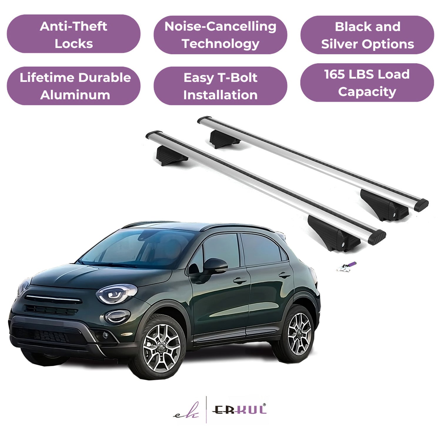 ERKUL Roof Rack Cross Bars for Fiat 500X 2016-2023 - Silver