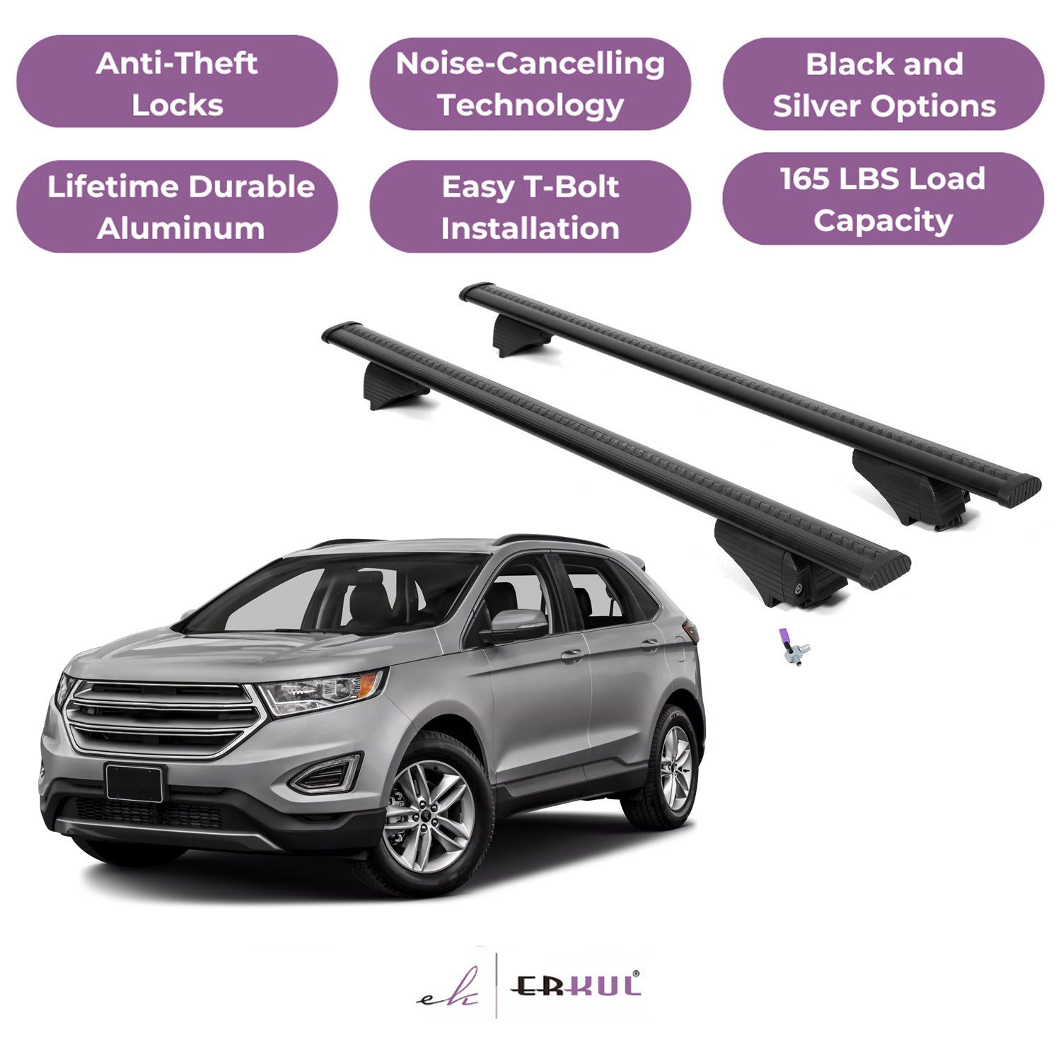 ERKUL Roof Rack Cross Bars for Ford Edge 2015-2024 with Flush Rails - Black