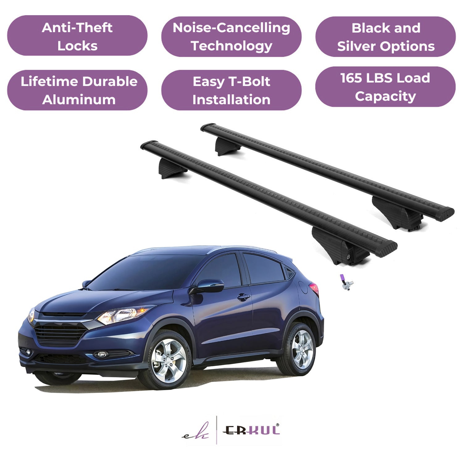 ERKUL Roof Rack Cross Bars for Honda HR-V HRV 2016-2022 with Flush Rails - Black