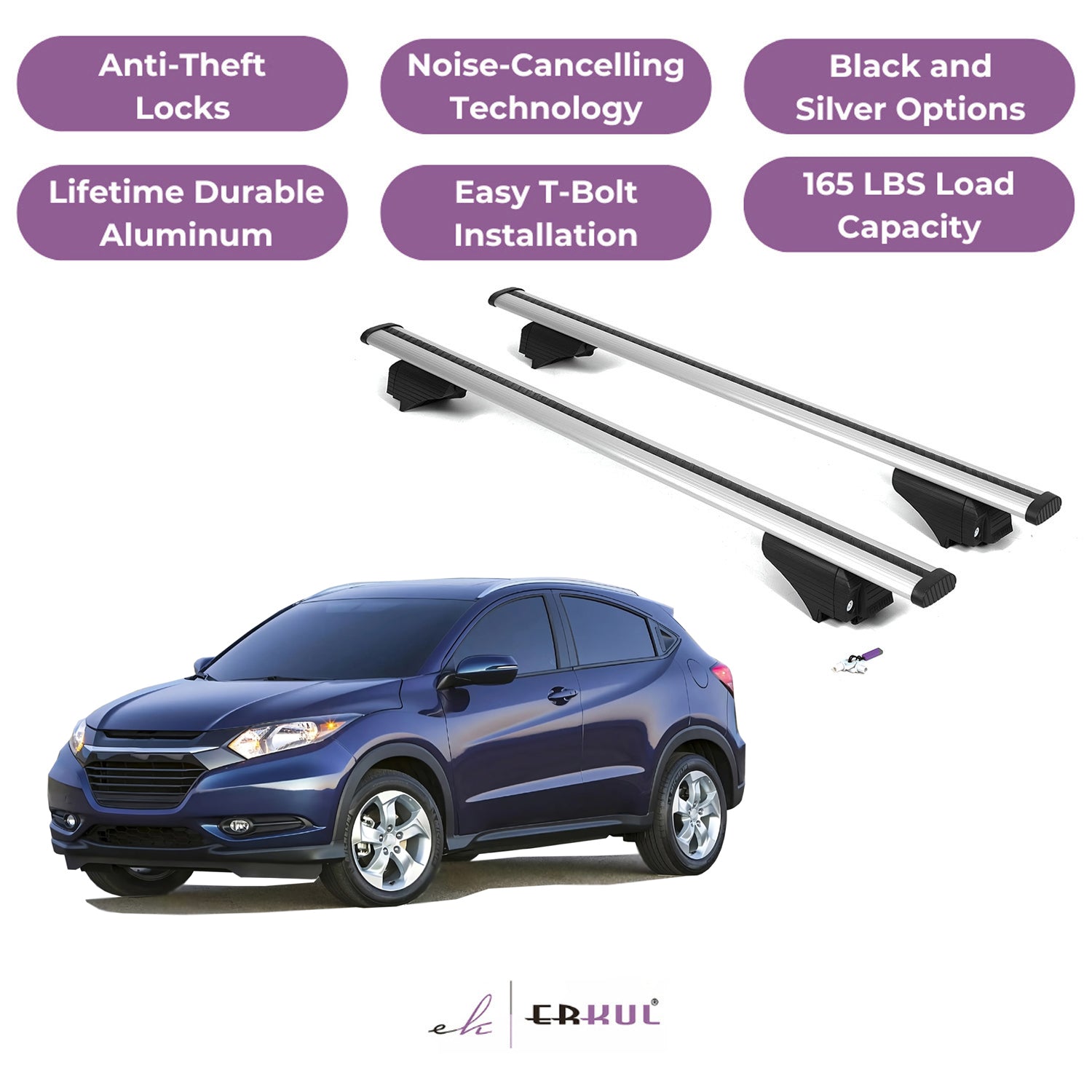 ERKUL Roof Rack Cross Bars for Honda HR-V HRV 2016-2022 - Flush Rails - Silver