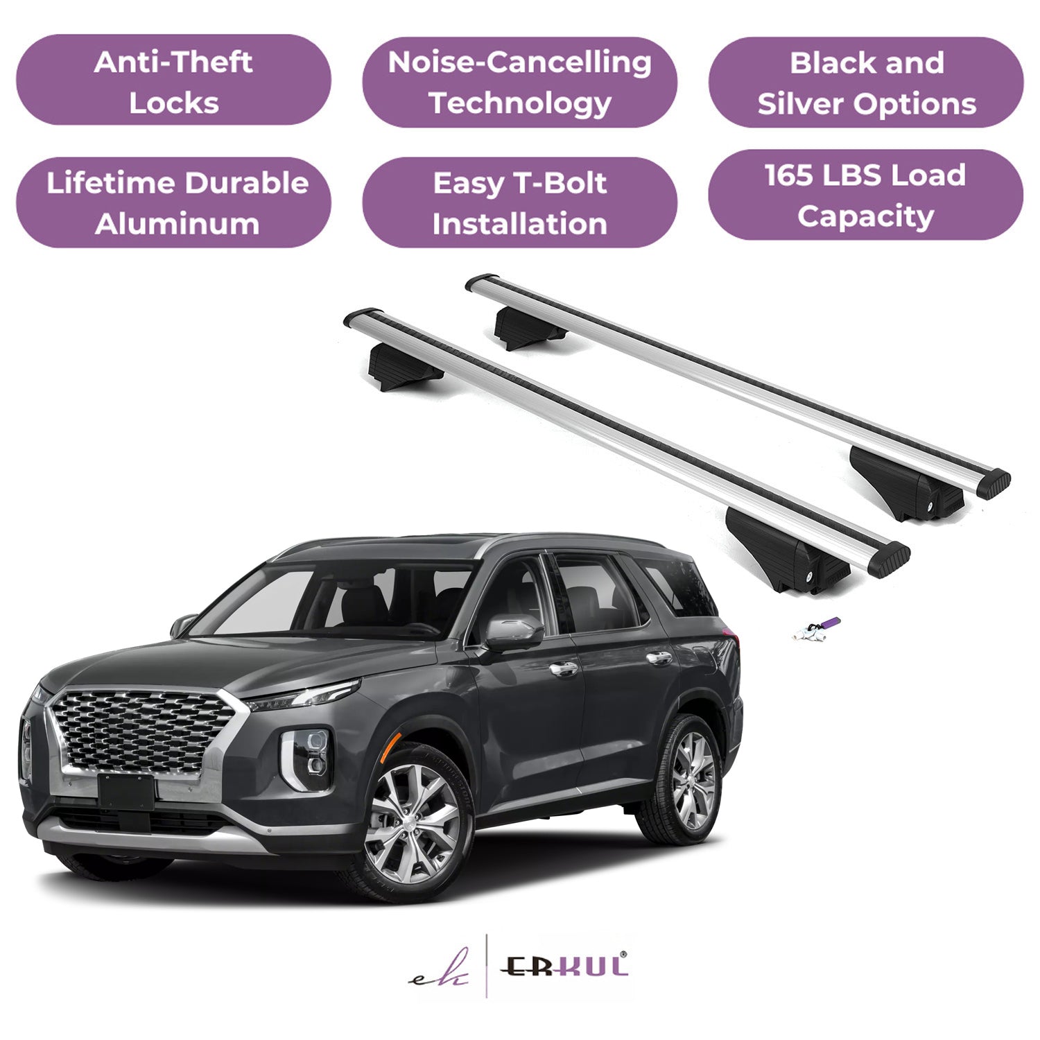 ERKUL Roof Rack Cross Bars for Hyundai Palisade 2020-2025 - Flush Rails - Silver