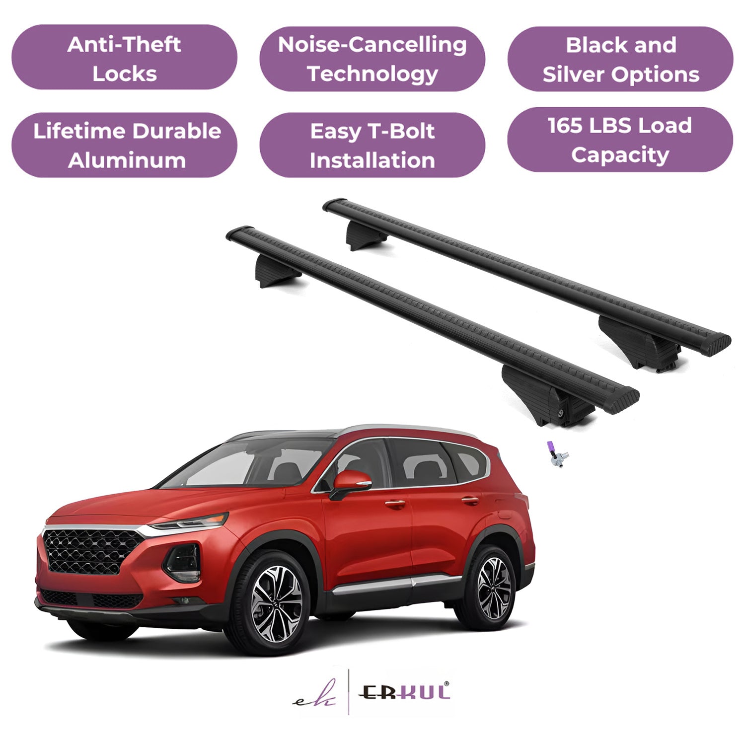 ERKUL Roof Rack Cross Bars for Hyundai Santa Fe 2019-2023 - Flush Rails - Black